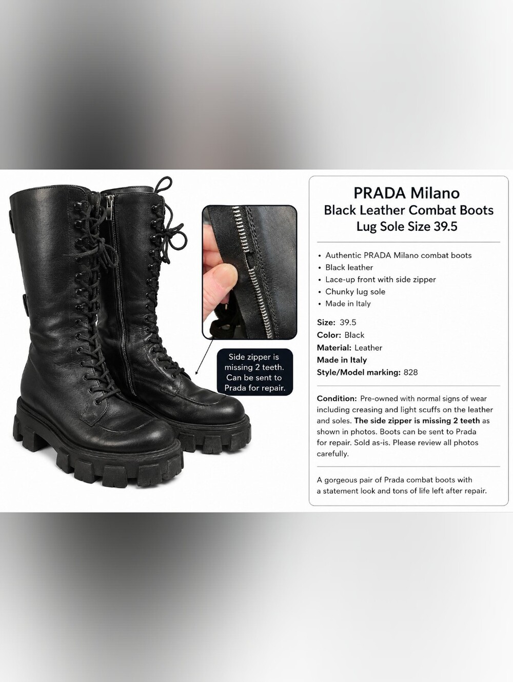 PRADA MILANO  Lug Sole Leather Combat Boots - Women's 39.5 One Zipper Broken